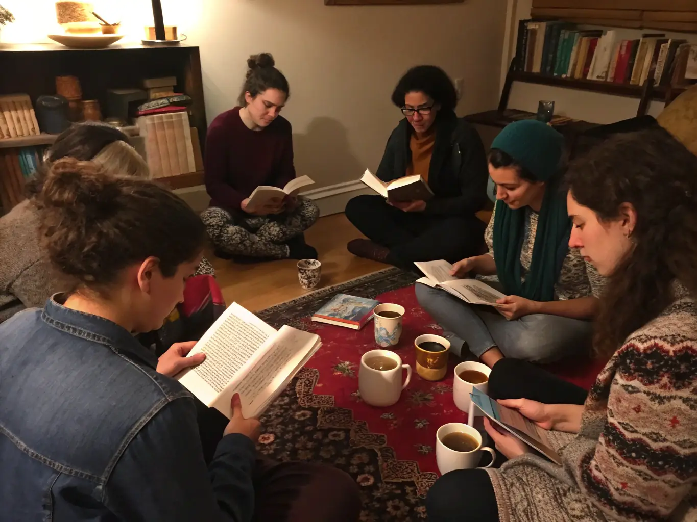 A photograph capturing a poetry reading event in a cozy community hall, with participants sharing their verses and connecting through the power of words. The atmosphere is warm and inviting.