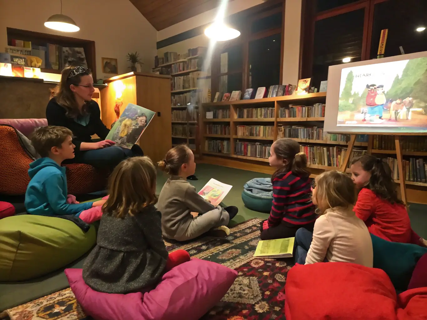 A vibrant image depicting a storyteller captivating a group of children with an engaging tale during a storytelling session in a local library. The scene is filled with expressions of wonder and excitement.