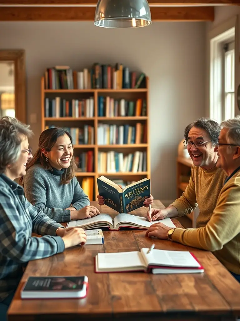 A heartwarming image of a multigenerational group participating in a book club discussion, sharing their thoughts and insights on a selected novel in a local community center.