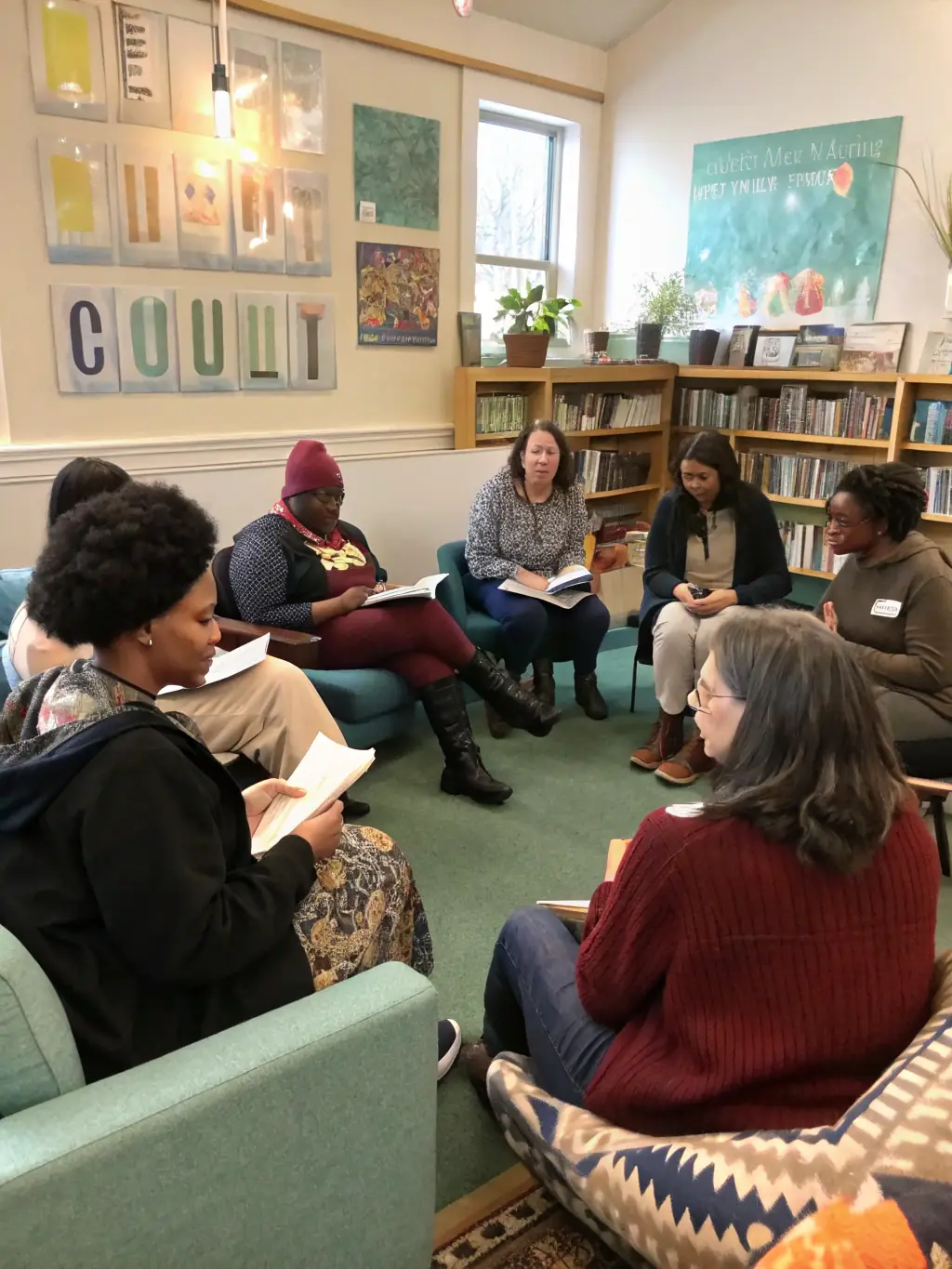 A photograph capturing a poetry reading event in a cozy community space, with participants of various ages sharing their verses and engaging in thoughtful discussions.