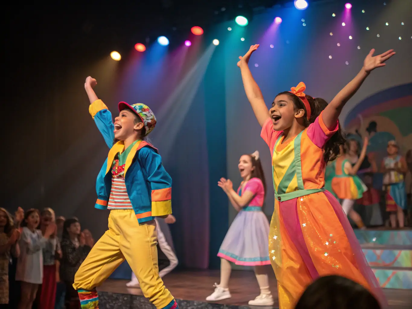 An image showing a group of actors performing a scene from a play in a local community center, with audience members of all ages enjoying the performance. The scene is lively and engaging.