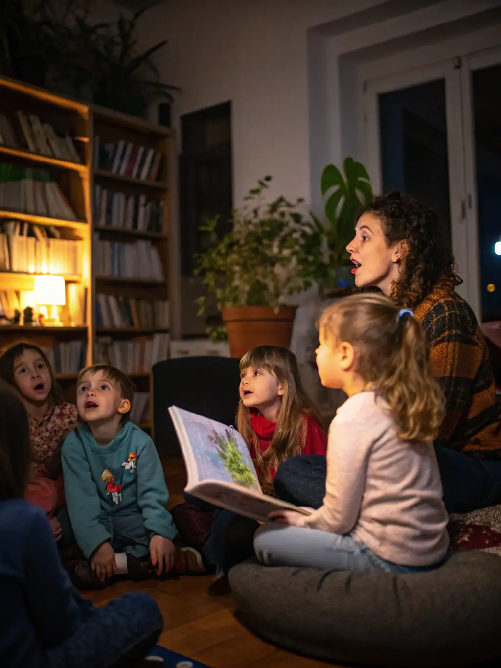 A vibrant image of a storyteller captivating a group of children with an animated reading session in a local library, surrounded by colorful books and puppets.